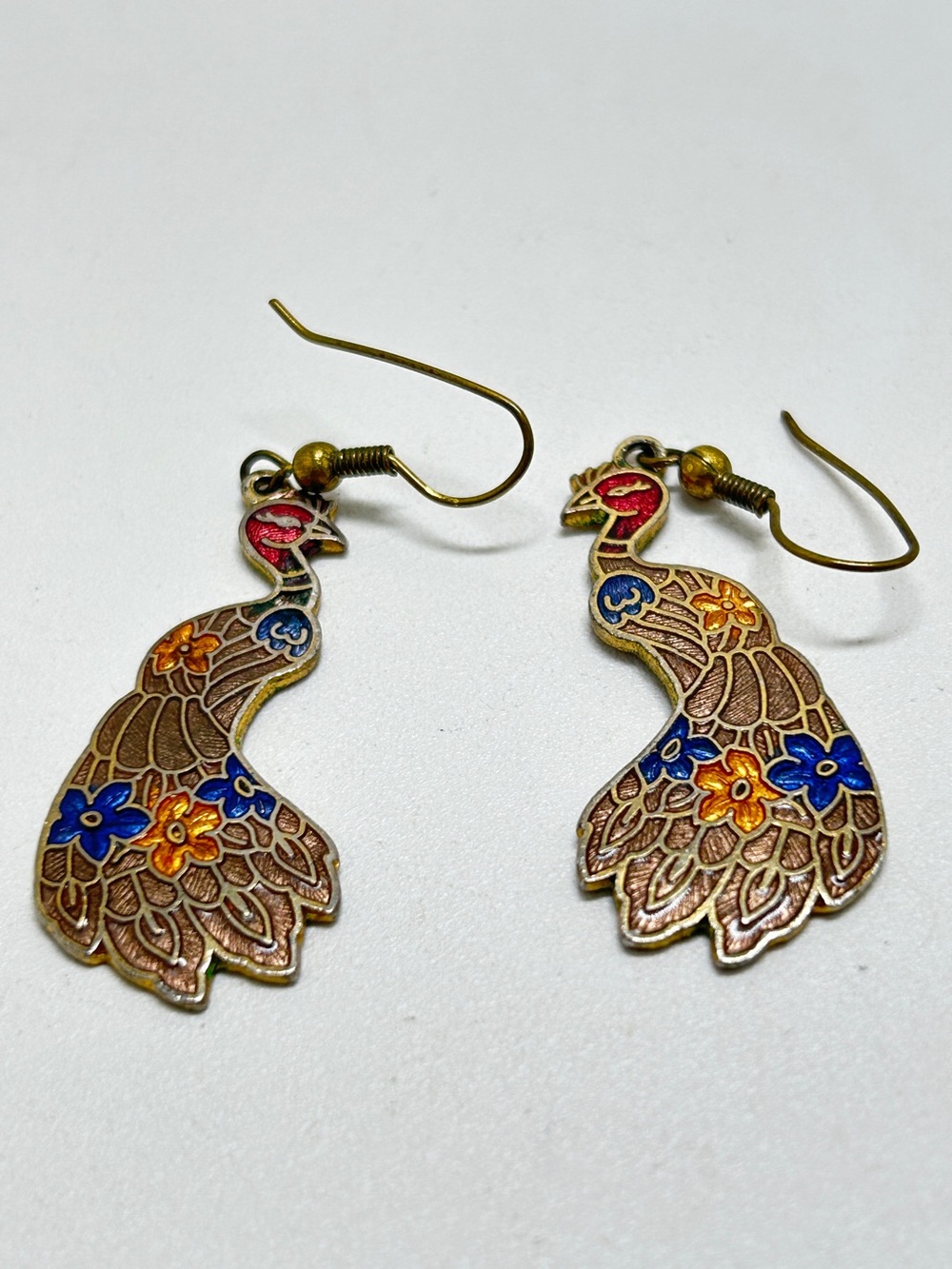 Vintage Cloisonné Peacock Earrings, Dangly, Wires